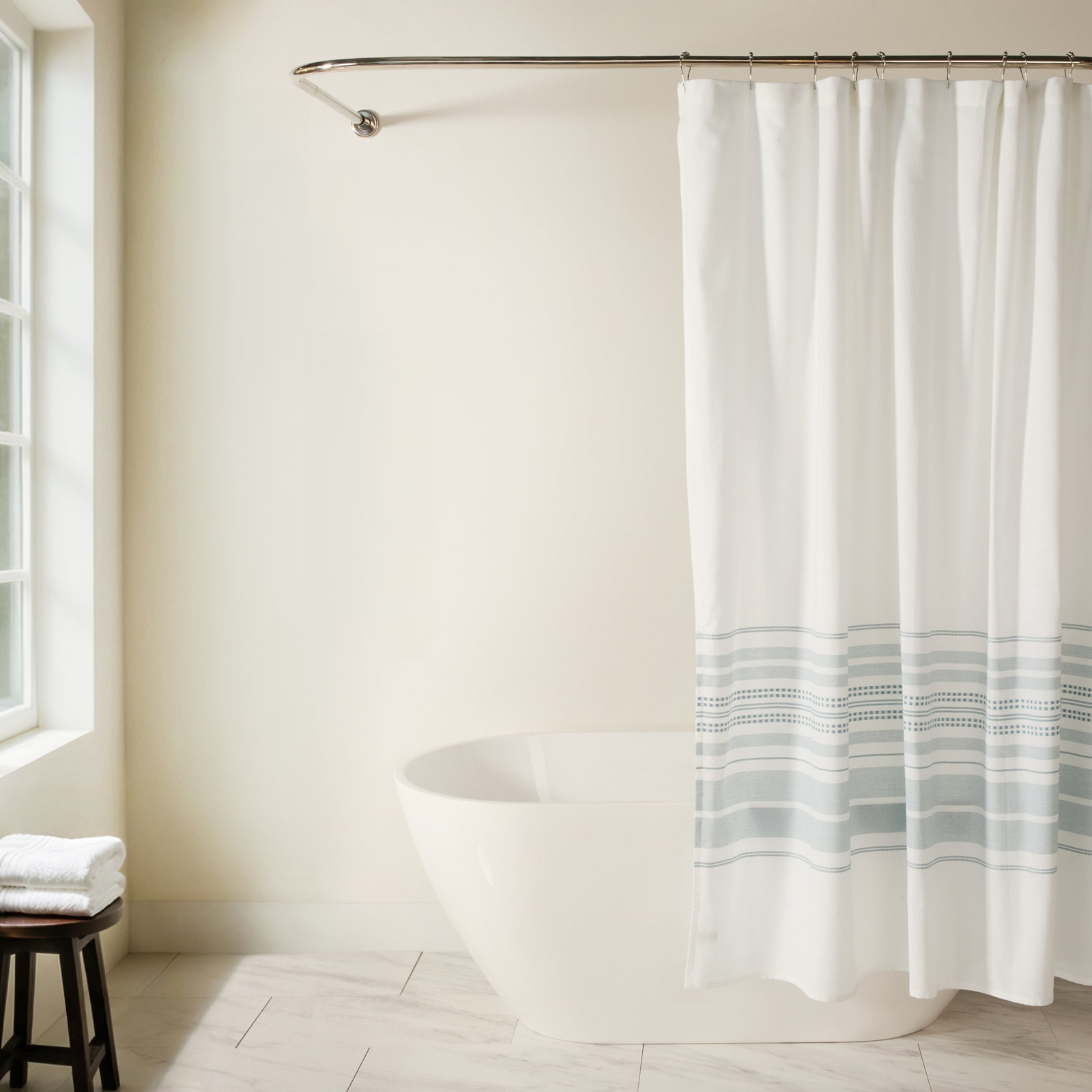 Cotton Blend Placement Stripe Shower Curtain, Blue