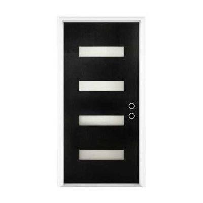 Porte d'entrée en fibre de verre avec moulure de brique, verre givré, porte en fibre de verre à finition noire - style contemporain pour l'entrée principale de la maison, ouverture à gauche