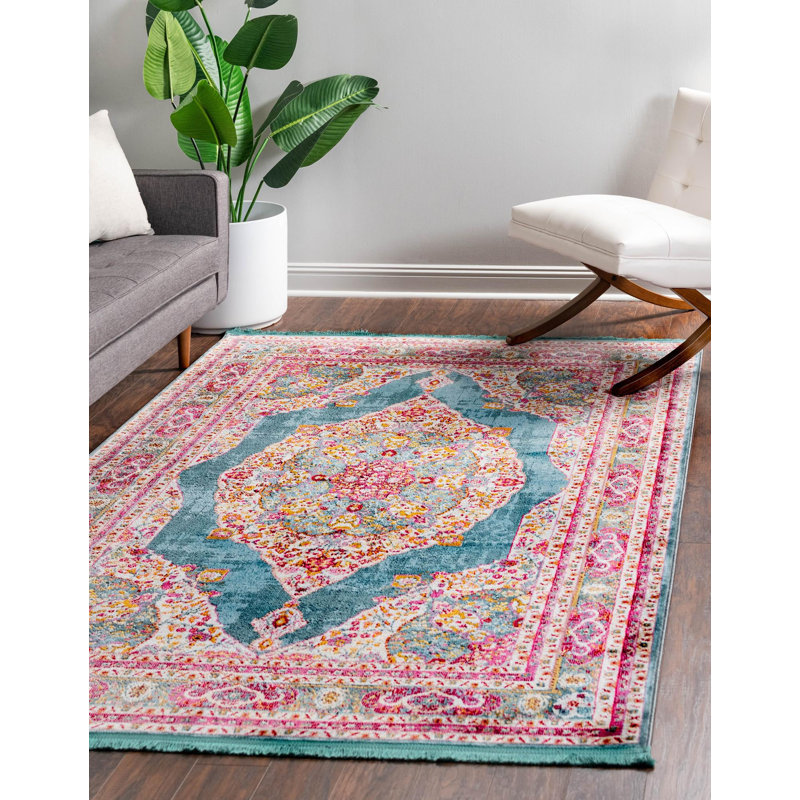 Tapis contemporain Mulvihill de couleur bleu sarcelle, Rectangle 7 pi x 10 pi