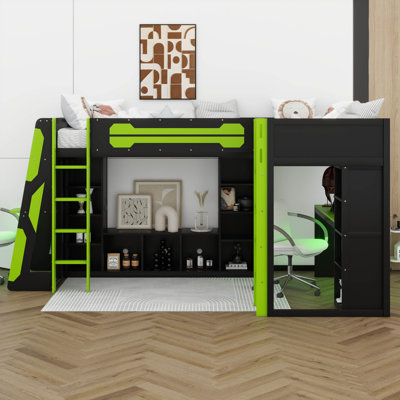 Twin Size L-Shaped Loft Bed With 2 Desk And Storage TV Stand & LED RGB Lights, Wood Loft Bed With Storage Shelves & USB Ports