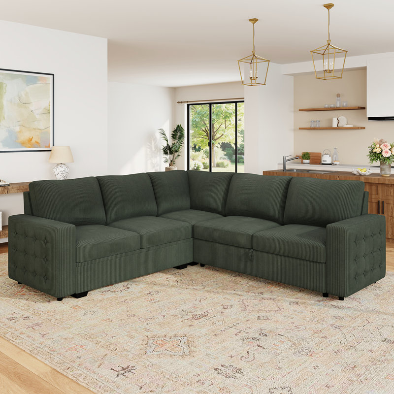 Brunella L-shaped Corner Sectional Sofa Bed with Pull-Out Bed, Green Corduroy
