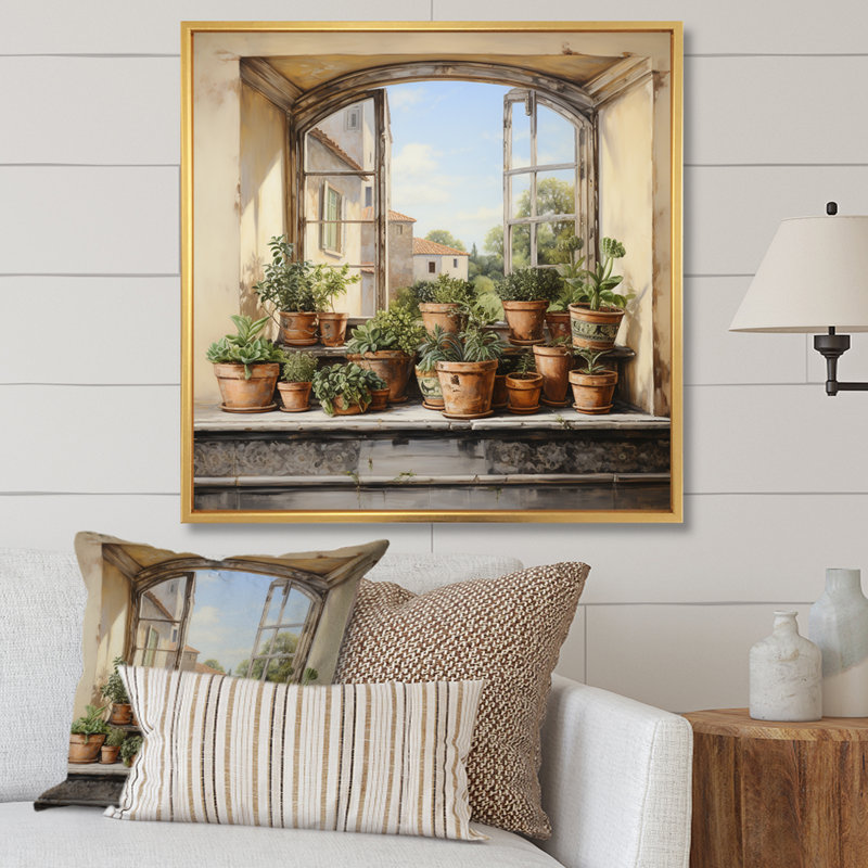 «Italian Poteries Window Charm», art mural fenêtres de ferme, H 30 po x l 30 po x P 1,5 po, Cadre flottant doré