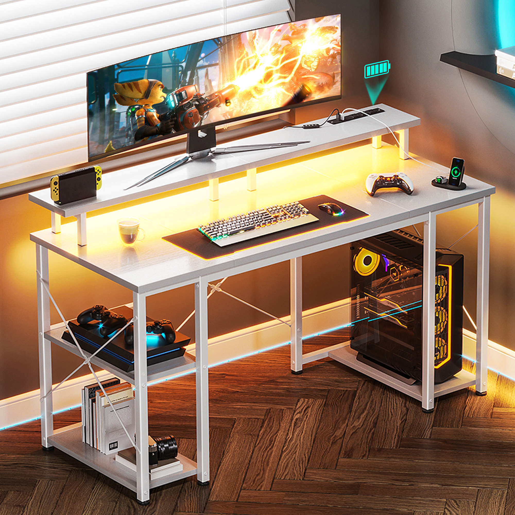 Wrought Studio Ainhoa Computer Desk with Power Outlet and Led Lights ...