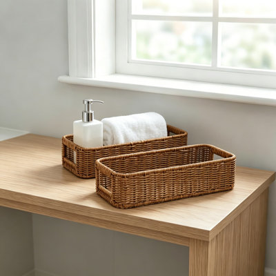 2 Pack Toilet Tank Basket, Handwoven Rectangular Wicker Shelf Baskets for Bathroom Organizing, Decorative Countertop Storage Bin with Built-in Handle for Bedroom Closet