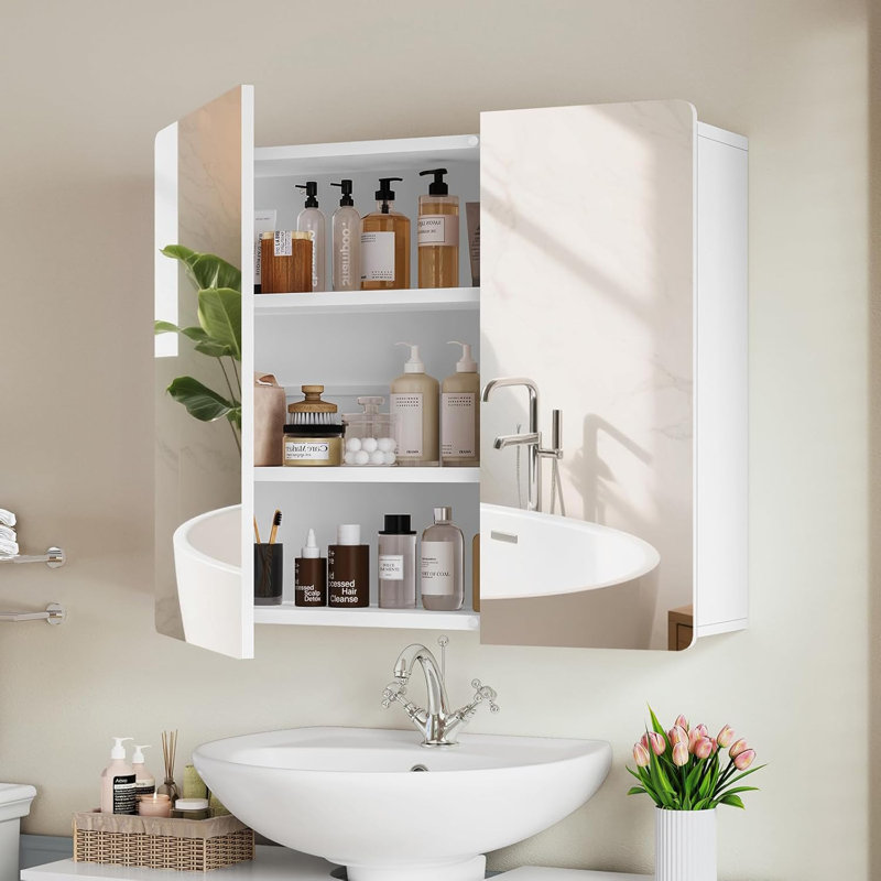 27.5” Medicine Cabinet Mirror With 2 Adjustable Shelves, Bathroom Mirror With Storage, Recessed Or Wall Mount Bathroom Cabinet, White