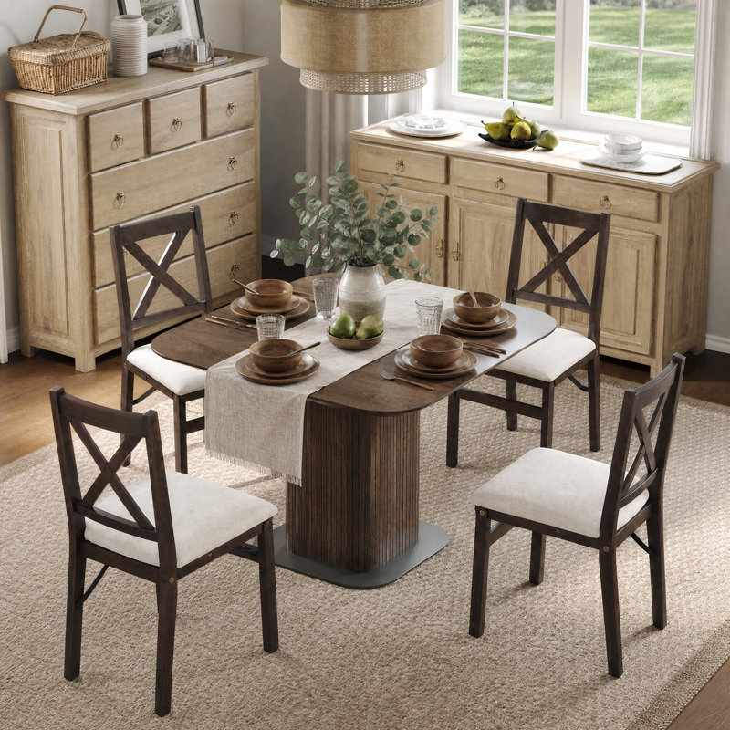 Padded Stackable Folding Dining Chairs with Solid Wood Frame, Brown Frame/Beige Seat