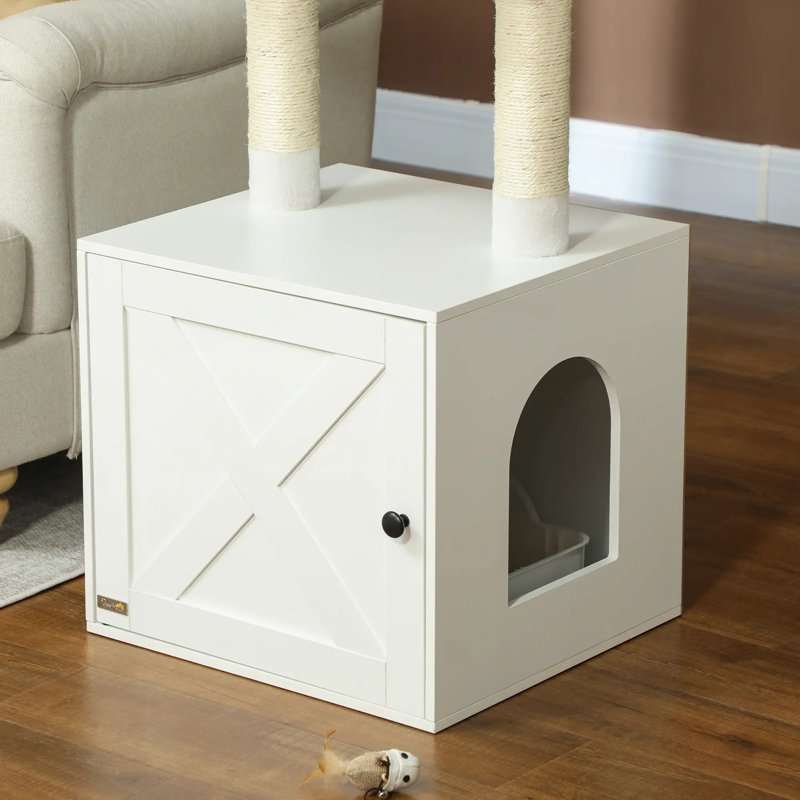 White  Cat Tree With Litter Box Enclosure