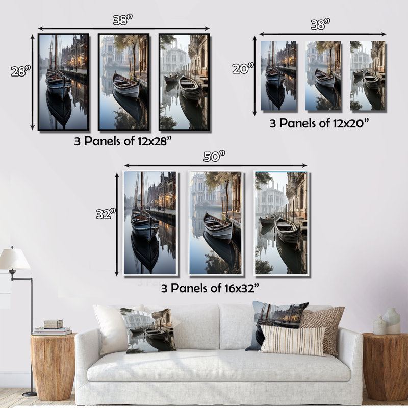 «Gray Canal Reflections In Monicolochen» - 3 pièces sur toile, Toile tendue, H 40 po x l 60 po