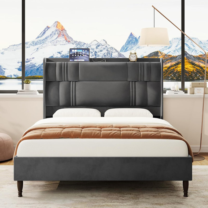 Structure de lit tête de lit en velours avec ports de charge USB, Grand lit, Gris foncé