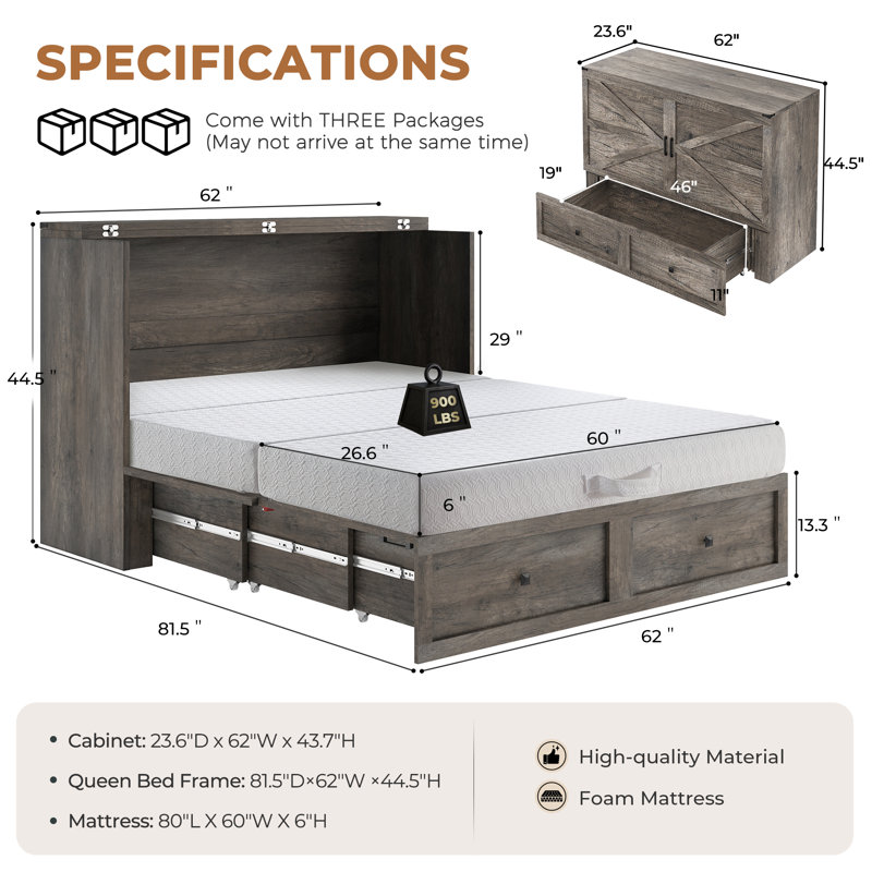 Farmhouse Queen Murphy Bed With Charging Station &  Fold Mattress Included, Rustic Gray, Rustic Gray, Queen