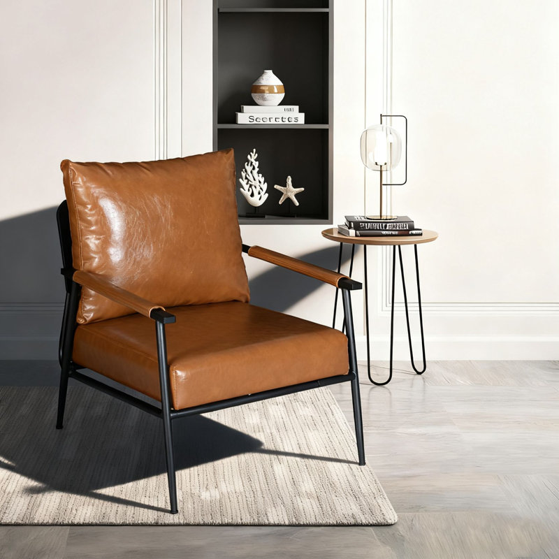 Chaise de salle à manger d'appoint moderne en similicuir avec structure en métal, fauteuil rembourré brun pour salon