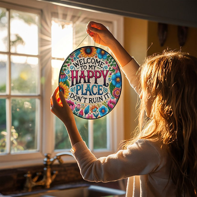 Panneaux de vitrail fleuris Happy Place, attrape-soleil pour la décoration de fenêtre, 9.8x9.8in(25x25cm)
