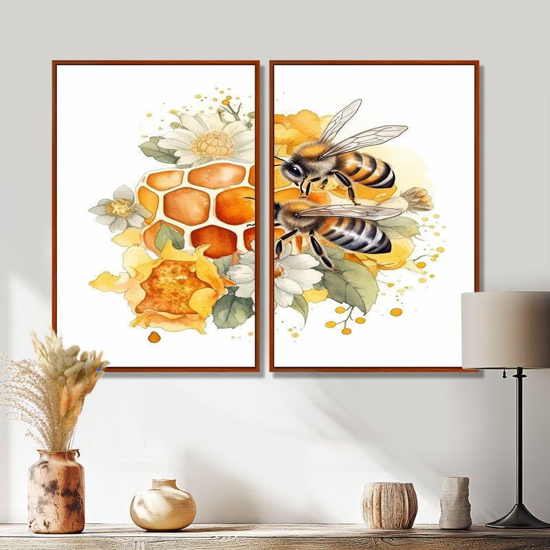 Floral Bee IV - 2 panneaux décoratifs animaux, 36" H x 48" W, Impression encadrée flottante, Brown