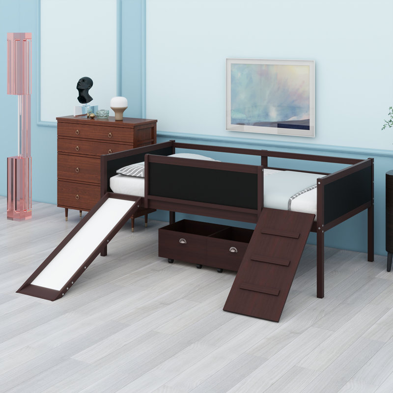Lit mezzanine surélevé moderne avec système de boîte de rangement intégré, Espresso
