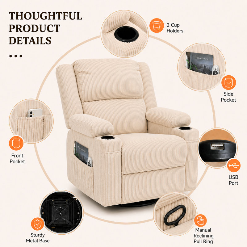Fauteuil inclinable à bascule pivotant manuel de 39 po de largeur avec massage et chaleur, capacité de 400 lb, porte-gobelets et port USB