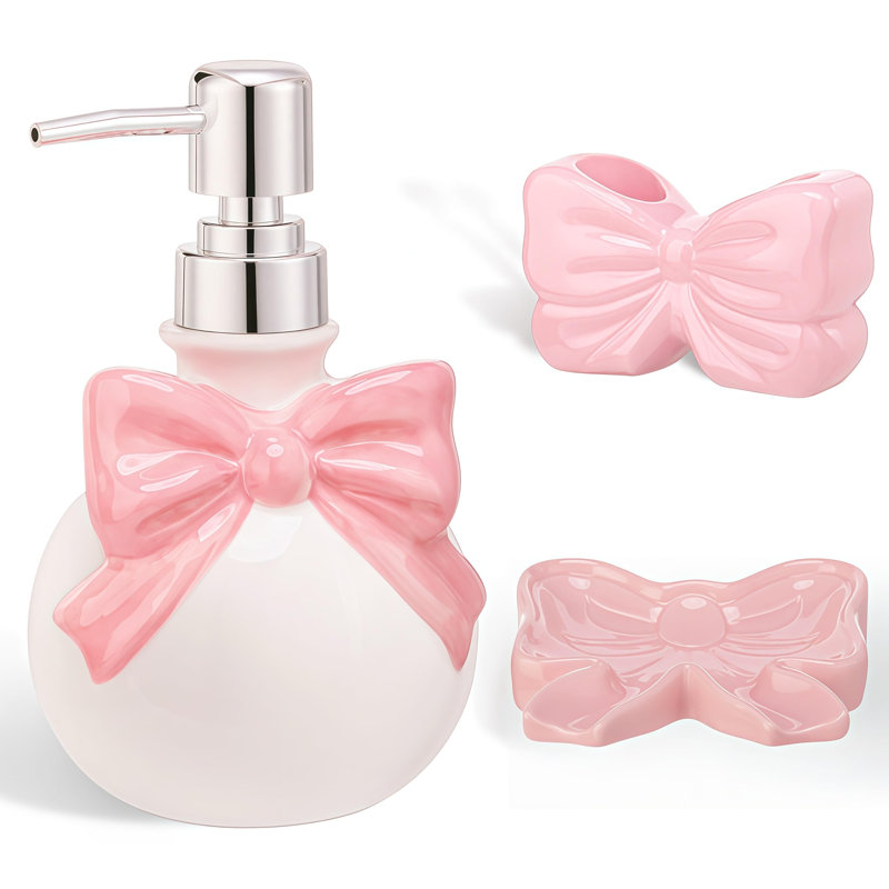 Ensemble d'accessoires de salle de bain en céramique rose 3 pièces pour comptoir, distributeur de savon, porte-brosse à dents, porte-savon, lavabo pour salle de bain