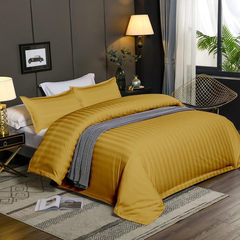 Microfibre 250 Thread Count Reversible Stripe Duvet Cover set for rooms, Double - 2 Standard Pillowcases, Ochre