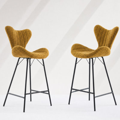 Bar Stools in Chenille Fabric with Sturdy Metal Frame Modern Counter Chairs with Stylish Designed Backrest for Home Bar Restaurant