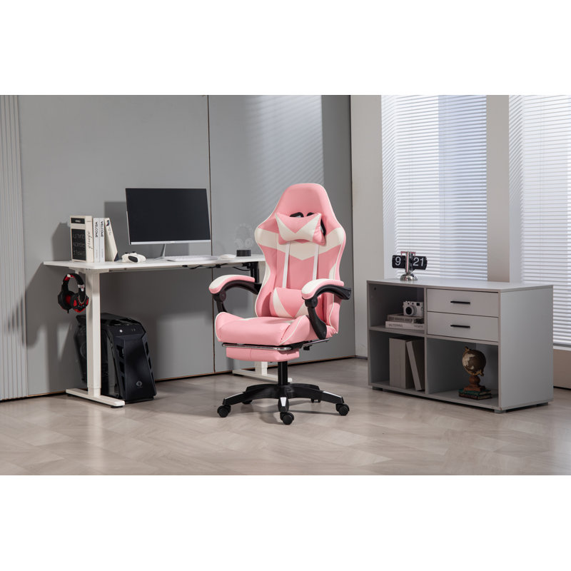 Inbox Zero Adjustable Reclining Ergonomic Faux Leather Swiveling PC & Racing Game Chair, Pink/White