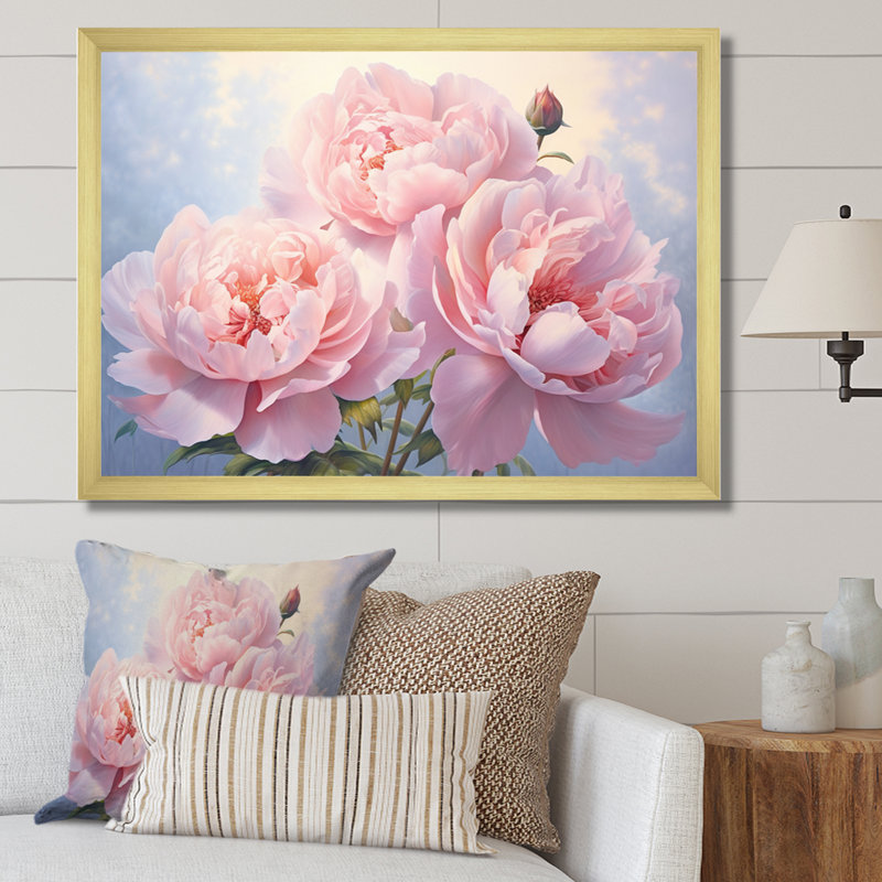 Pivoine rose II - art mural floral, H 30 po x l 40 po x P 1,5 po, Cadre doré à une seule photo