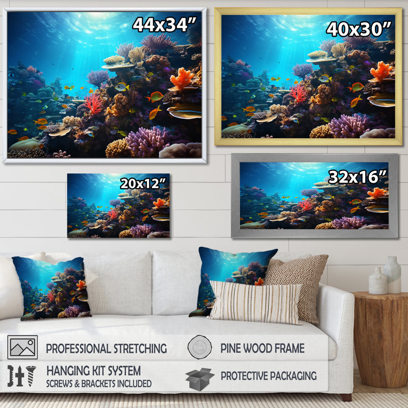 Coral Seascape IV, reproduction d'art sur toile, Cadre flottant blanc, H 34 po x l 44 po x P 1,5 po