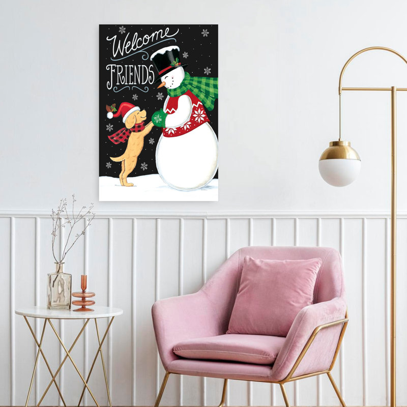 Neige, amis fantaisistes, art hivernal contemporain, H 24 po x l 16 po