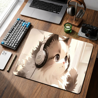 Tapis de souris en caoutchouc, surface lisse en microfibre, base antidérapante, bords arrondis, tapis de souris décoratif pour le bureau et les jeux, 30,5 x 20,3 cm, motif casque audio chat crème