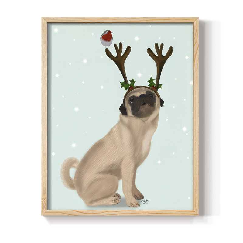 Christmas Pug with Antlers and Robin Framed Print - Solid Wood, Natural Framed, 11" H x 9" W