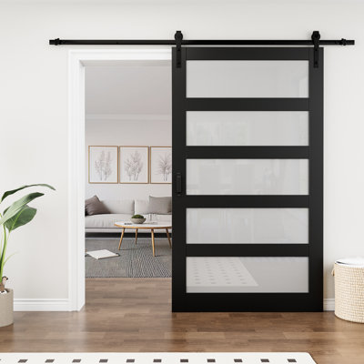 84''H 5-Lite Frosted Glass and Wood Paneled Black Primed Sliding Barn Door with Installation Hardware Kit