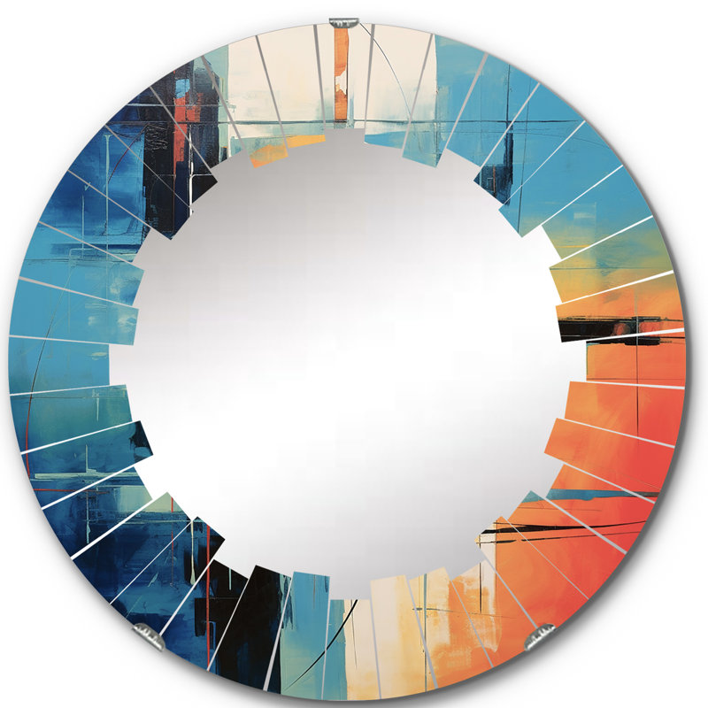 Miroir mural bleu orange Mid-Century, 24 po x 24 po