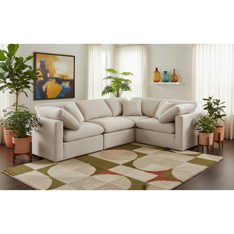 Itala Upholstered L-Shaped Sectional Reversible, Beige Linen Textured Fabric