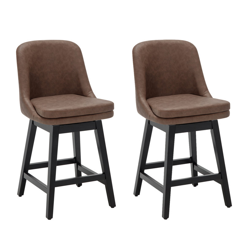 Vintage Brown Swivel Adjustable Wood Counter Stools, Set of 2