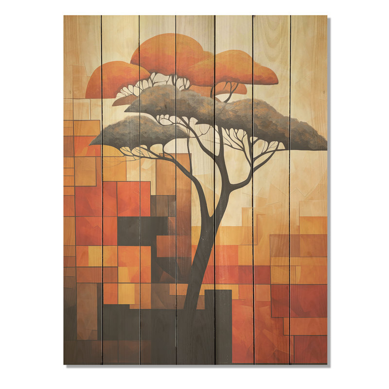 Cubist African Tree Landscape I - Arbre africain sur bois, H 20 po x l 10 po