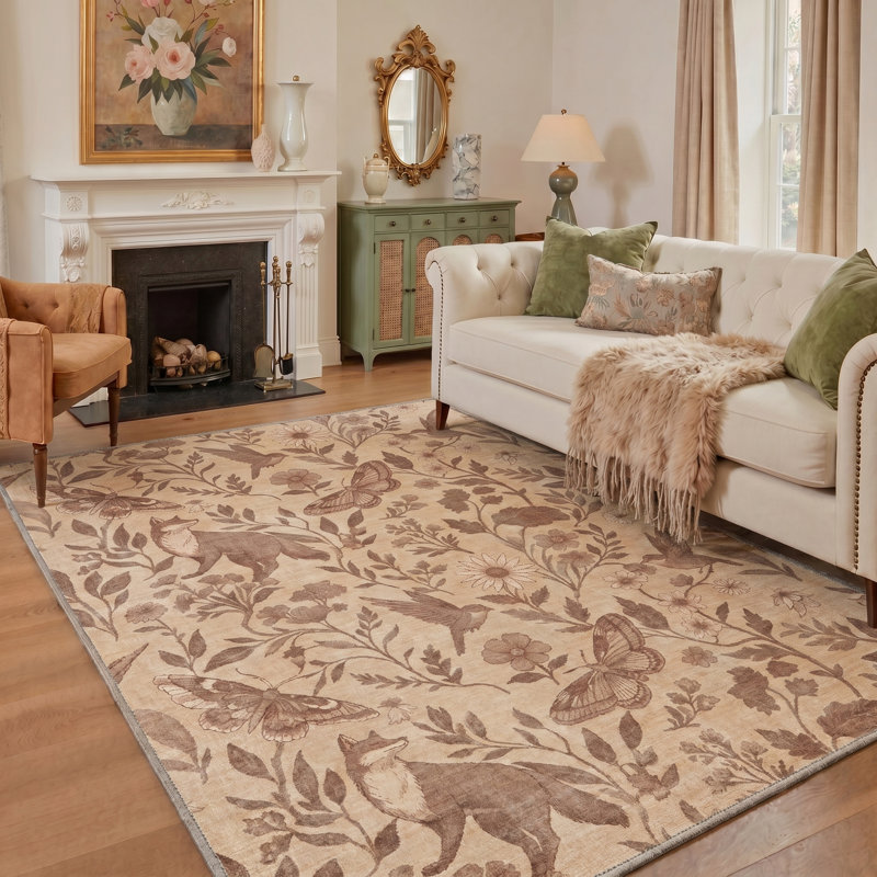 Vintage Woodland Animals Area Rug Cottagecore Fox Bird and Butterfly Floral Botanical Living Room Carpet, Round 5'