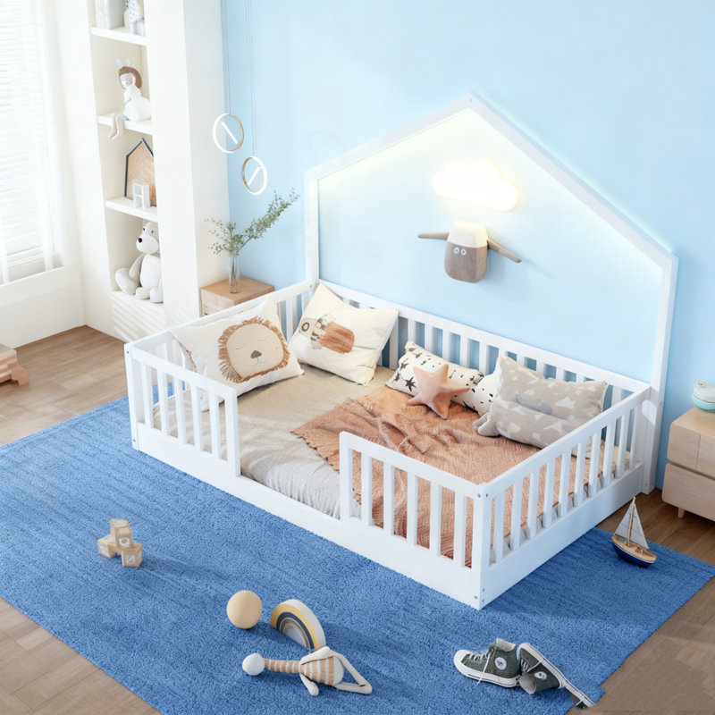 Floor Bed with High Rails, Wooden Montessori Bed with Light, Twin, White