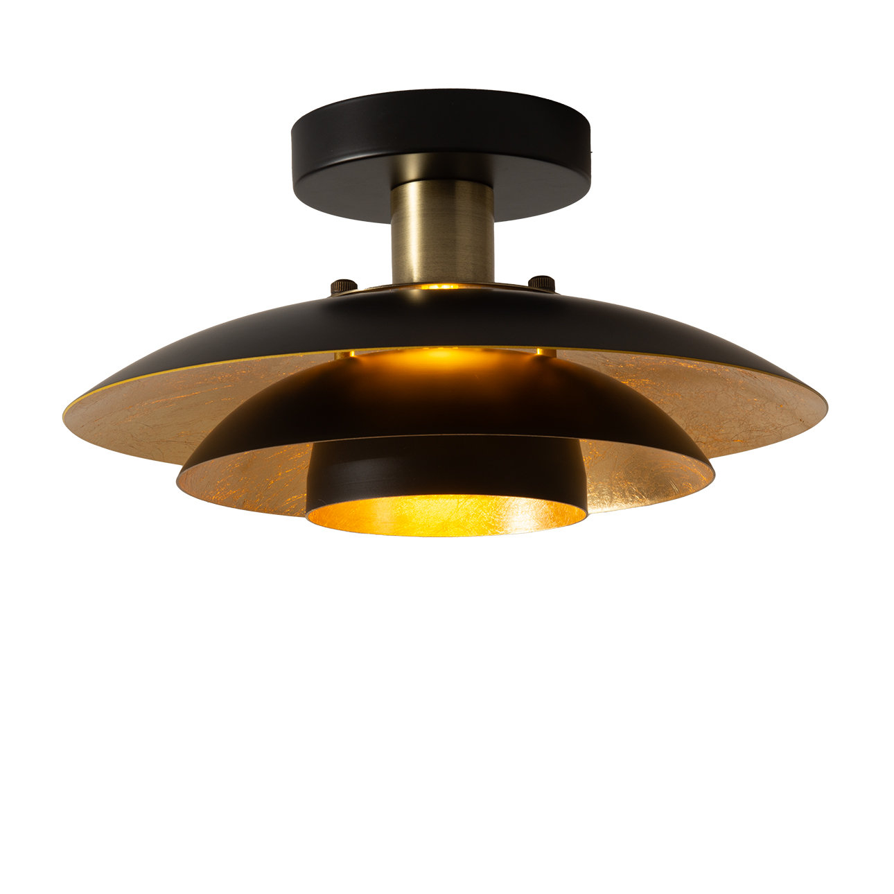 Rancho Mirage Flush Mount Ceiling Light - Matte Black & Gold-Leaf Shade, Weathered Brass