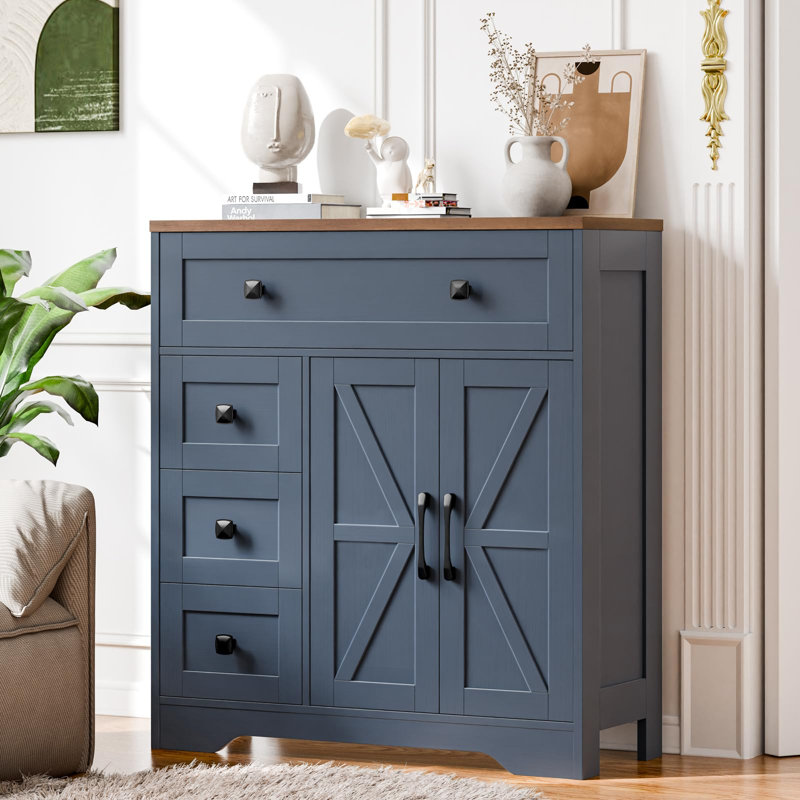 Farmhouse Storage Cabinet With 2 Doors And 4 Drawers, Blue