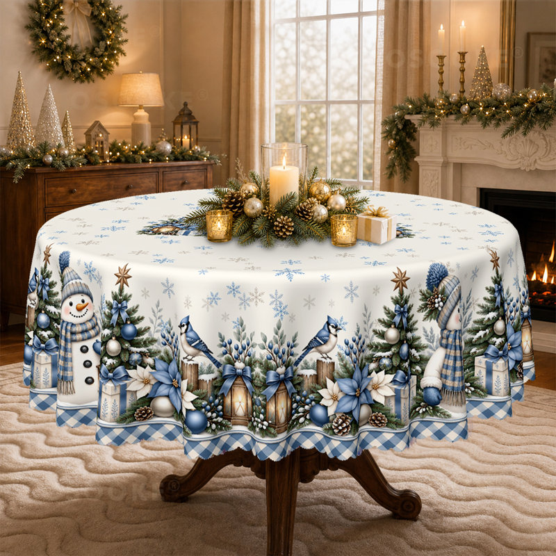 Blue Gingham Snowman Tablecloth, Merry Christmas Winter Wonderland Table Cloth, Round-60in