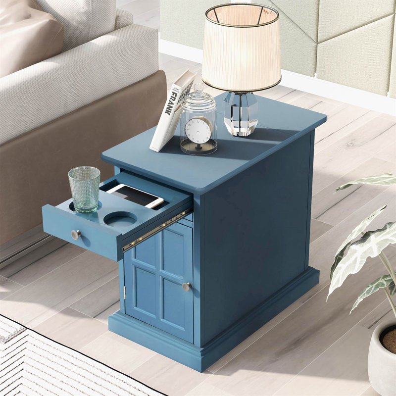 Table d'appoint Classic Vintage Livingroom avec ports USB et un tiroir multifonctionnel avec porte-gobelets, Marine antique