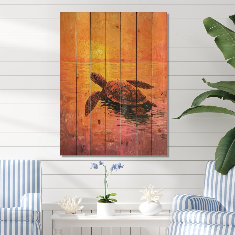 Tortue au coucher du soleil - Art mural moderne en bois sur bois de pin naturel, H 40 po x l 30 po