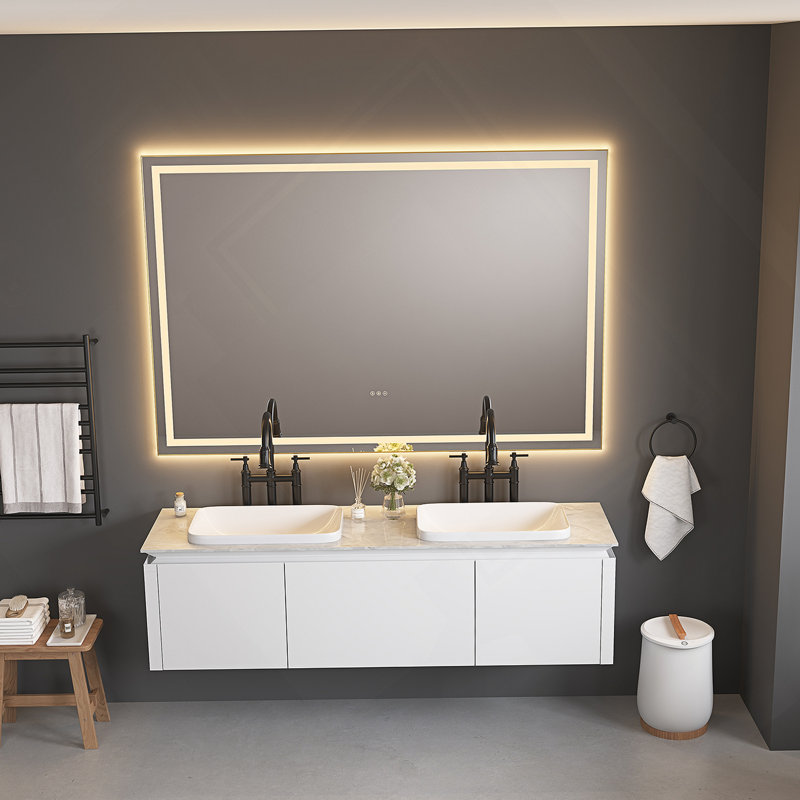 Miroir de salle de bain 48 pouces à DEL avec façade et rétroéclairage, miroir de meuble-lavabo mural avec cadre en aluminium, anti-buée, mémoire, gradation continue