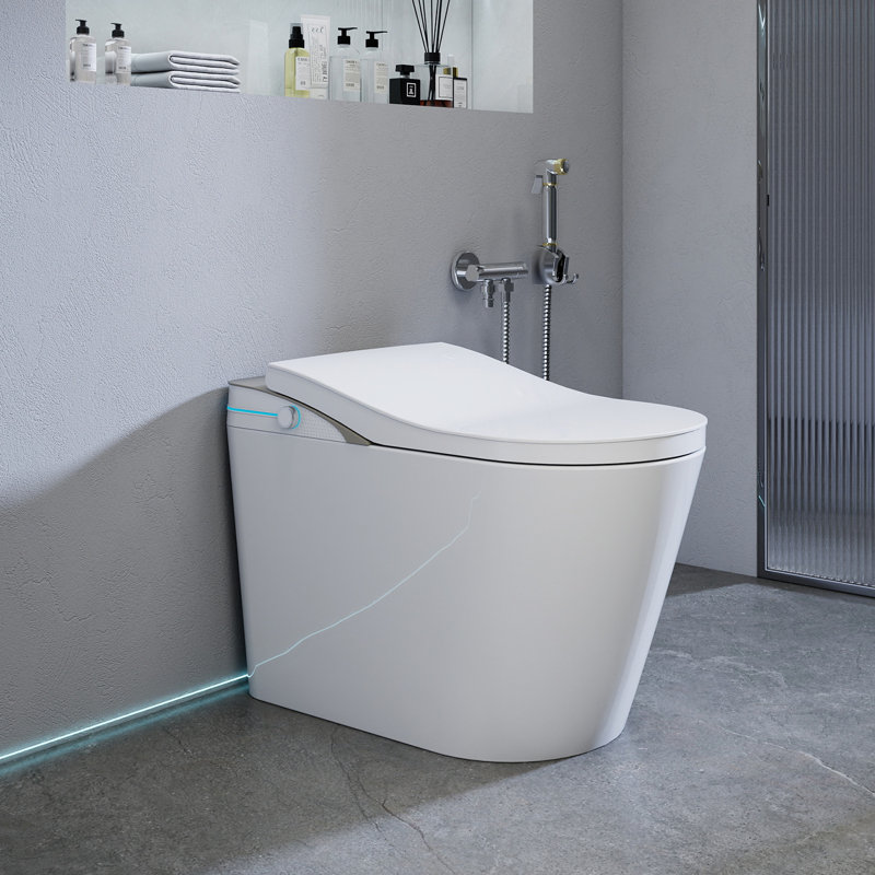 SJ STAR&JANE Elongated Smart Toilet 1.32 GPF In White And Gray, With Tankless Heated Seat, Auto Flush, Warm Air Dryer, Foot Sensor