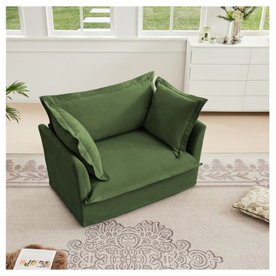  Fauteuil en chenille vert recouvert de glissement avec 1 grand coussin de dossier et 2 coussins décoratifs, siège simple et confortable pour le salon