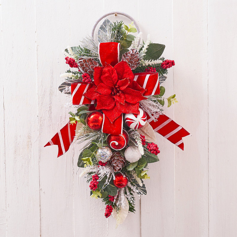 Ornement en forme de goutte de poinsettia givré rouge