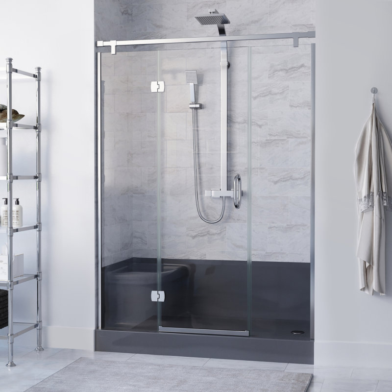 Aquatique 60" x 32" Single Threshold Shower Base With Right Hand Drain and Integral Left Hand Seat , Gray, Right