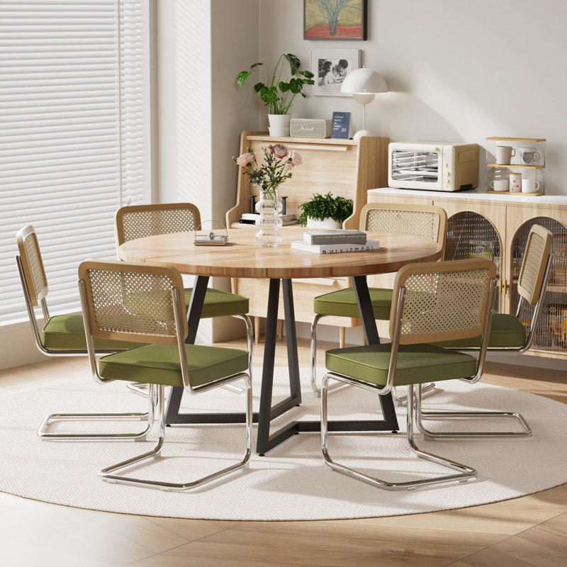Ensemble de table de salle à manger Mid Century, 7 pièces: table, 6 chaises, Chêne, Vert / Argent