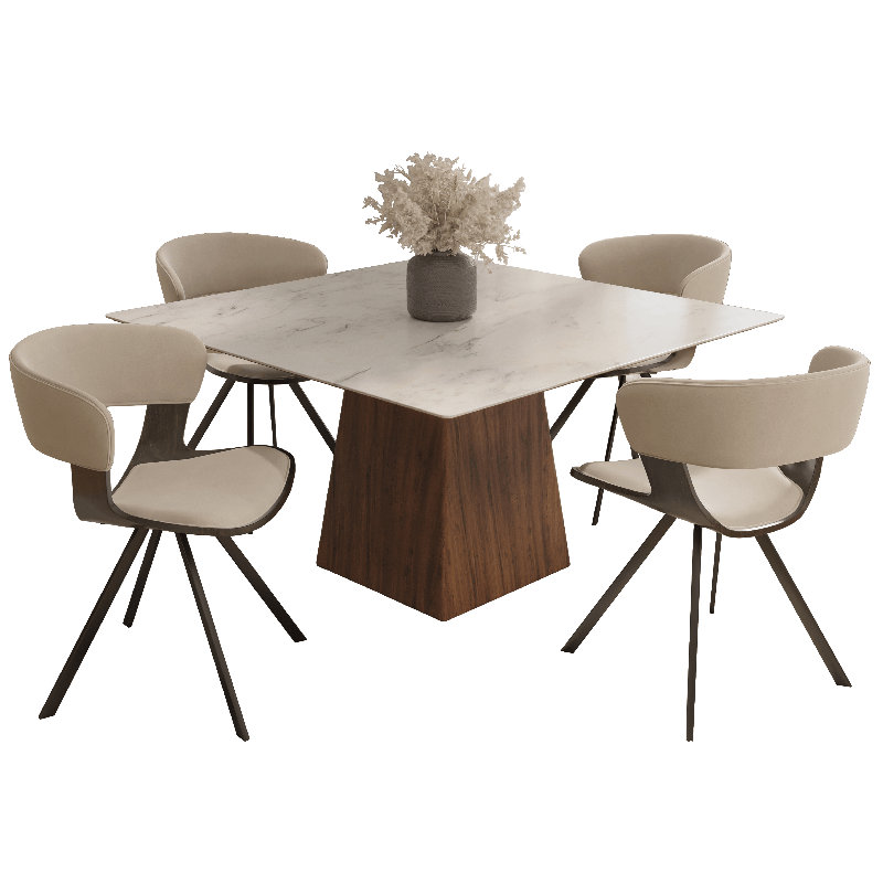 Ensemble de salle à manger 5 pièces avec table de salle à manger carrée avec plateau en pierre frittée blanche et 4 chaises rembourrées