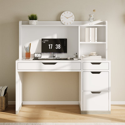 Desk with Hutch, 47 Inch White Desk with 4 Drawers and File Drawer for Bedroom