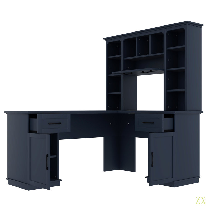 Bureau d'ordinateur en L avec 2 armoires et 2 tiroirs, 11 tablettes ouvertes, avec prise de courant, pour bureau, salon et bureau
