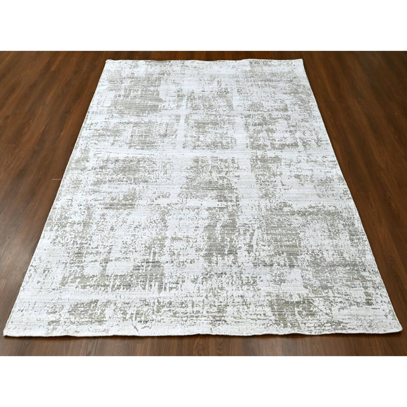 Tapis oriental texturé en coton 8 pi x 10 pi blanc avec motif brun, tissé à la main, en laine et en soie à base de plantes